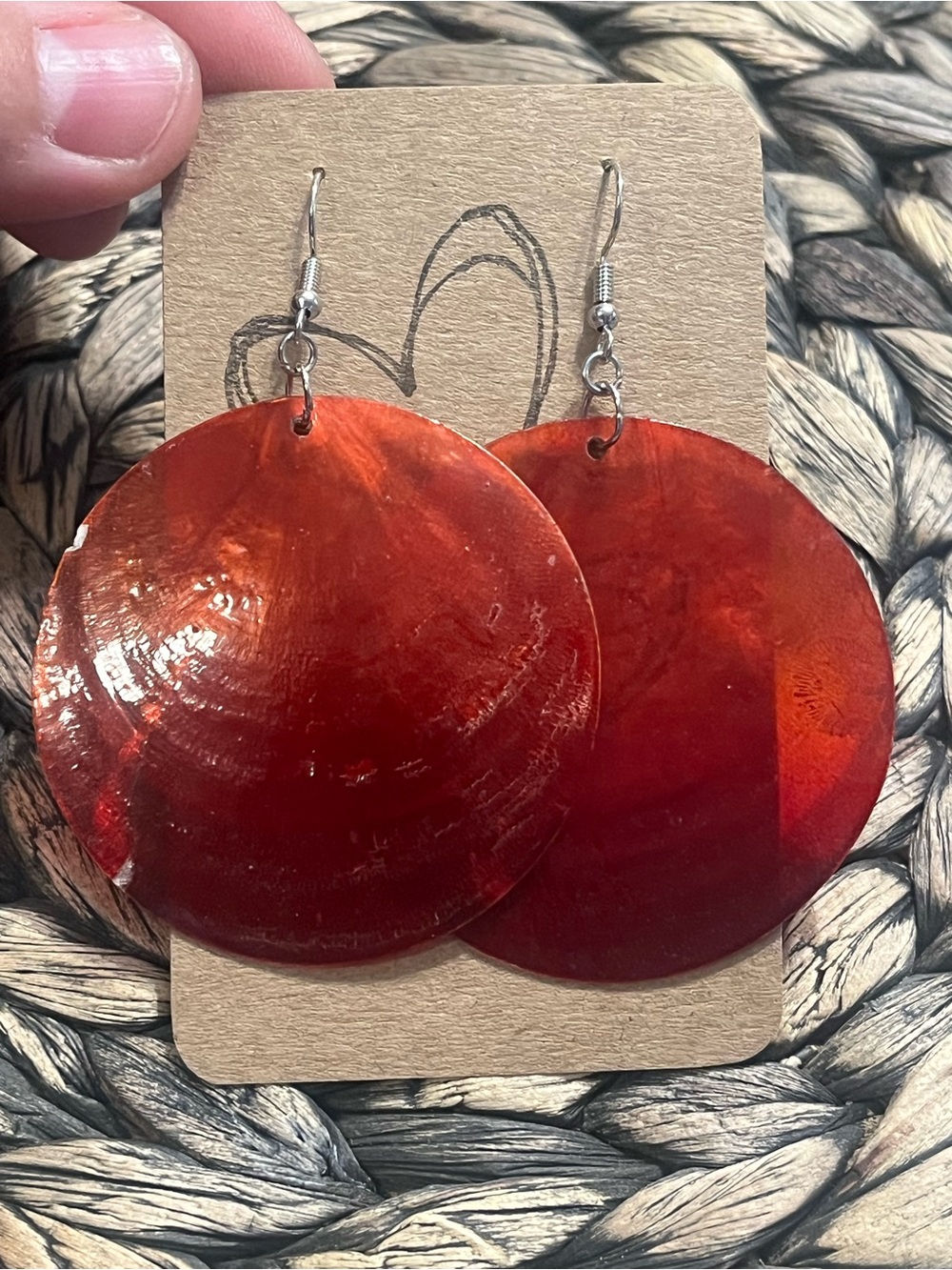 Bold Red Circular Drop Earrings with Silver Hooks - Shell Material